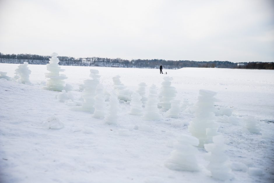 Kauno marių pakrantę nuklojo ledo bokštų skulptūros
