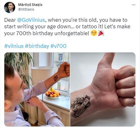 Su 700-uoju gimtadieniu Vilnių sveikino visas pasaulis: Rygos meras net pasipuošė tatuiruote