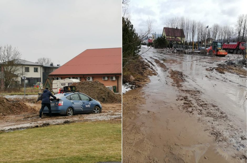 Pavežėjas pas klientus nespėjo: užklimpo gilioje purvo duobėje