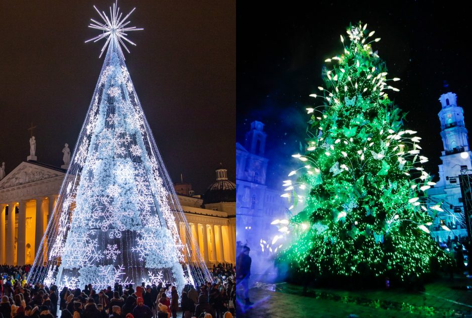 Įžiebtos Kalėdų eglės: kuri gražesnė – drugeliais plazdenanti Kauno ar snaigėmis žėrinti Vilniaus?