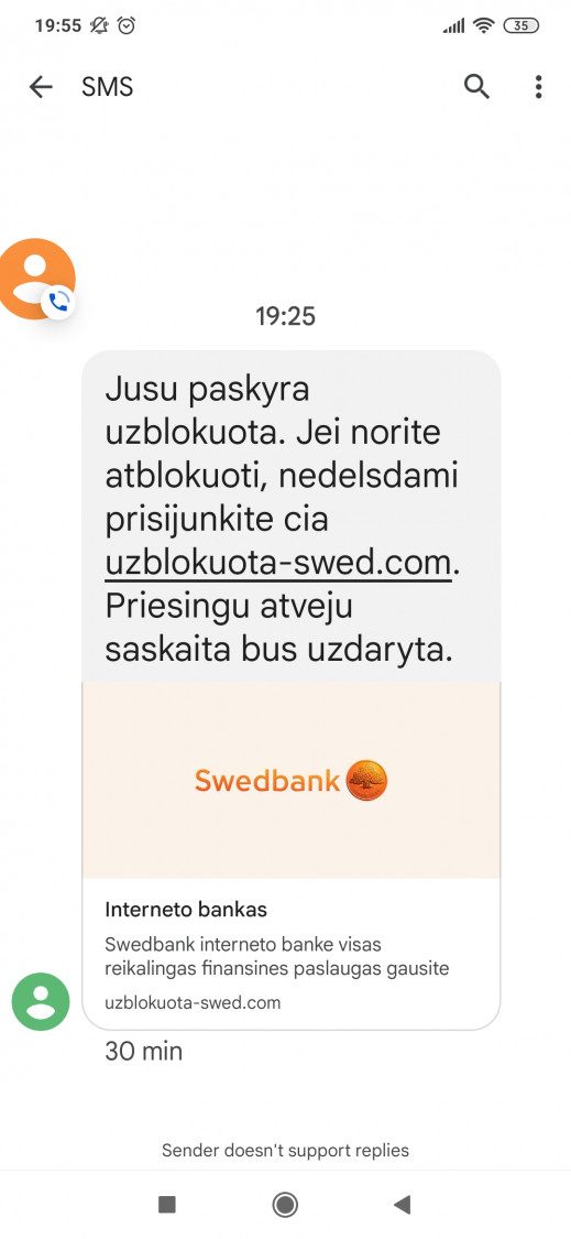 „Swedbank“: sukčiai vėl atakuoja gyventojus žinutėmis apie neva užblokuotas sąskaitas